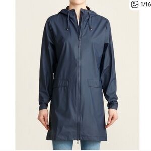 RAINS Long Hooded Waterproof Slicker Raincoat Jacket Navy Blue S/M Minimalist